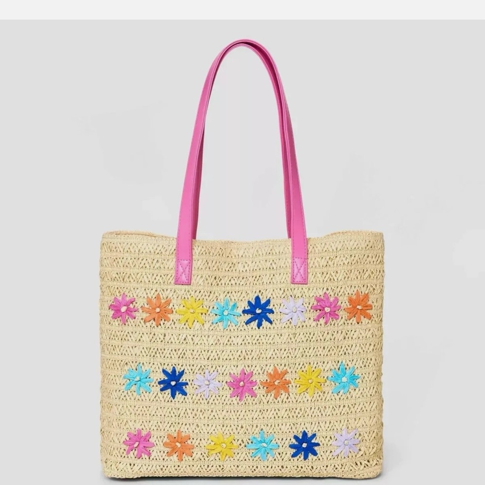 NWT Cat & Jack Colorful Floral Straw Tote Bag